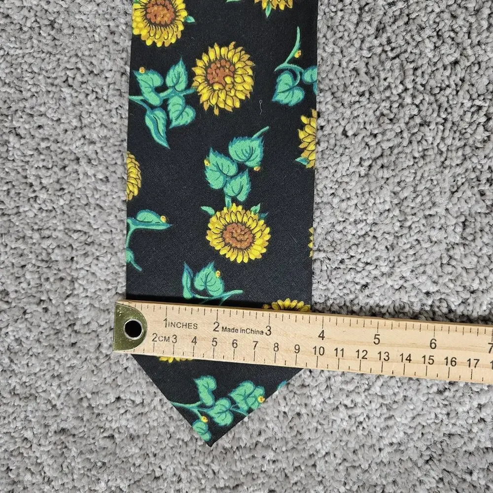 Vtg Britches Great Outdoors Necktie Black Cotton Sunflowers AOP 55